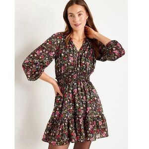 NWT Old Navy Dark Floral Gold Metallic Mini Dress Smocked Waist Cottage Medium